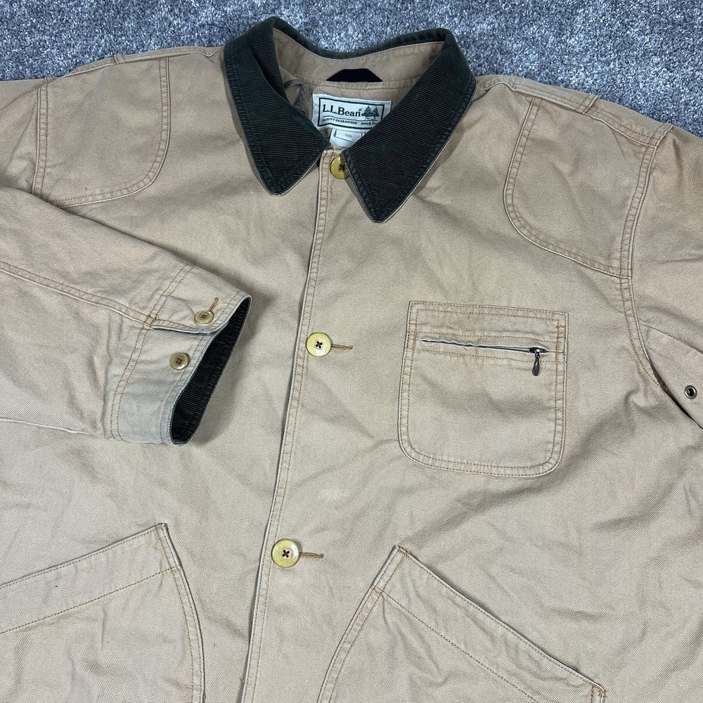 Vintage LL Bean Tan Brown Canvas Chore Field Barn Coat Mens XXL Plaid Lined 90s